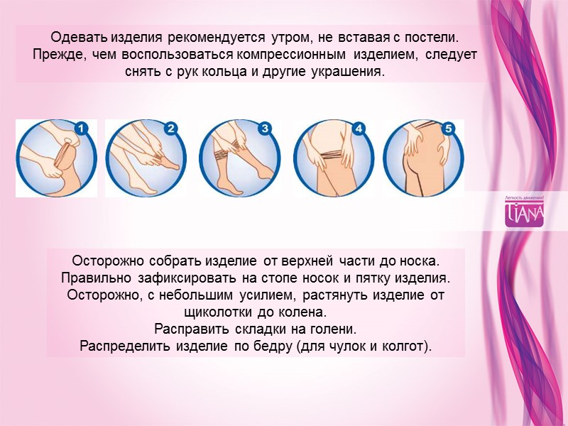 Одевать изделия рекомендуется утром, не вставая с постели. Прежде, чем воспользоваться компрессионным изделием, следует